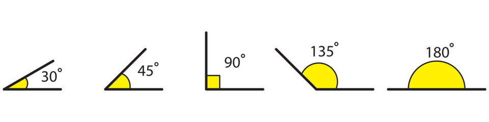 Angle 30, 45, 90, 135, and 180 degree icon set. Angles templates. Stock vector. Vector Illustration. Vector Graphic. EPS 10