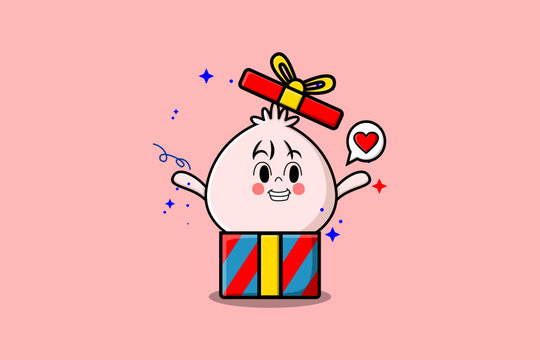 Cute cartoon Dim sum character coming out from big gift box look so happy flat cartoon style - Powered by Adobe