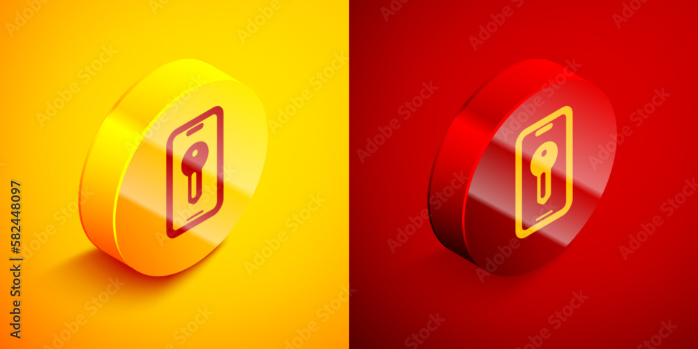 Poster isometric smart key icon isolated on orange and red background. circle button. vector