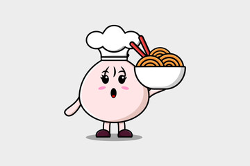 Cute cartoon Dim sum chef character holding noodles in bowl flat cartoon style illustration