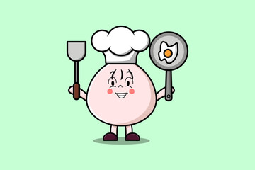 Cute cartoon Dim sum chef character holding pan and spatula in flat cartoon style illustration