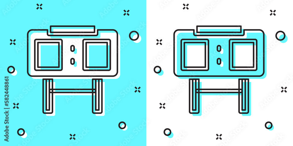 Poster black line sport mechanical scoreboard and result display icon isolated on green and white backgroun