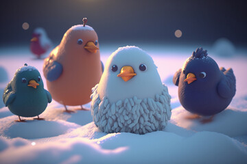 Flock of Funny Chickens Having Fun in the Snow