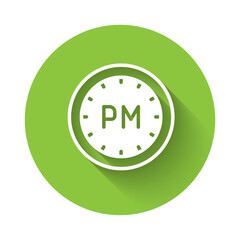 White Day time icon isolated with long shadow background. Time symbol. Green circle button. Vector
