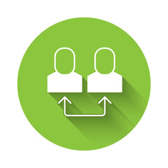 White Exchange work icon isolated with long shadow background. Information exchange between people. Employee or people Replacement or swap position concept. Green circle button. Vector