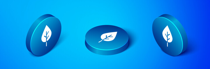 Isometric Leaf Eco symbol icon isolated on blue background. Banner, label, tag, logo, sticker for eco green. Blue circle button. Vector
