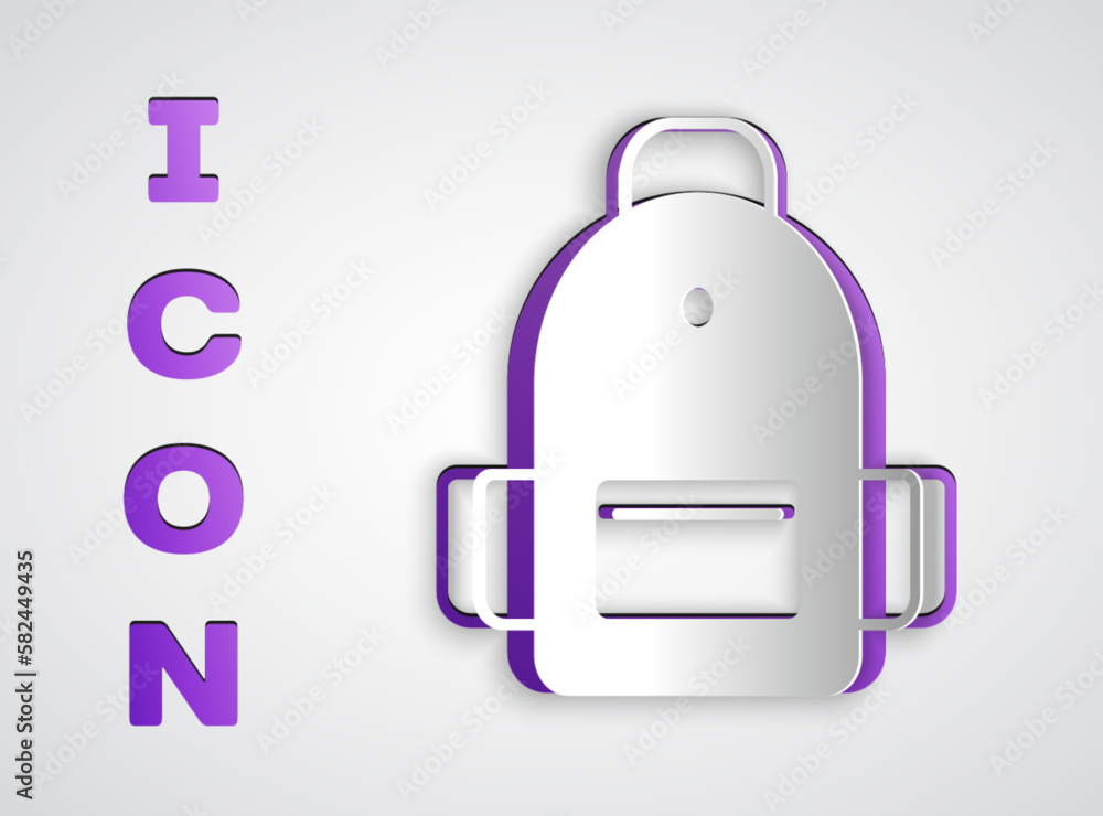 Sticker paper cut school backpack icon isolated on grey background. paper art style. vector