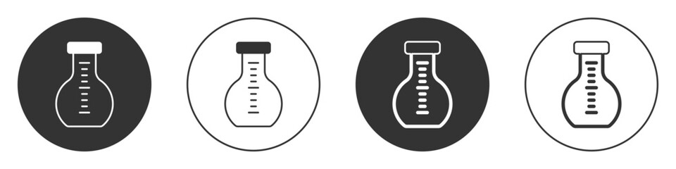 Black Test tube and flask chemical laboratory test icon isolated on white background. Laboratory glassware sign. Circle button. Vector