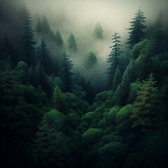 Foggy green forest landscape 
