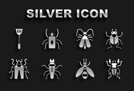 Set Termite, Beetle bug, deer, Clothes moth, Fly swatter and icon. Vector