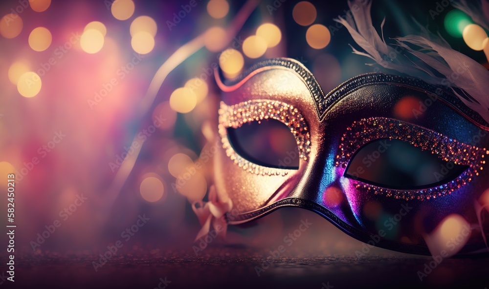 Poster a close up of a masquerade mask on a table with lights in the background and a feather on the floor 