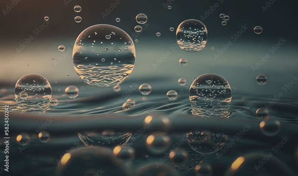 Poster a group of bubbles floating on top of a body of water with a sunset in the background and a dark sky