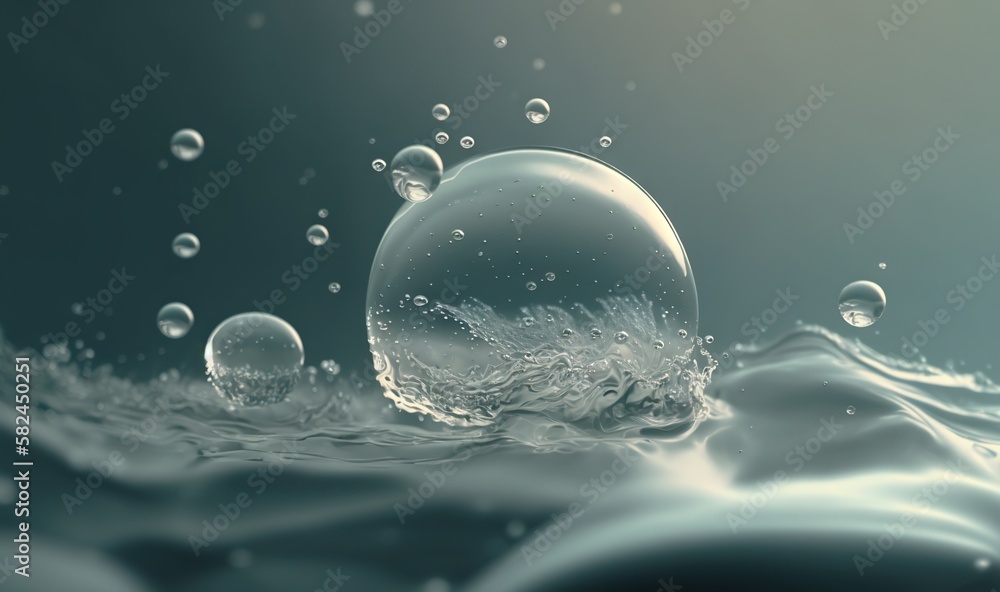 Poster a bubble of water with bubbles floating in the air and a blue background with a black and white phot