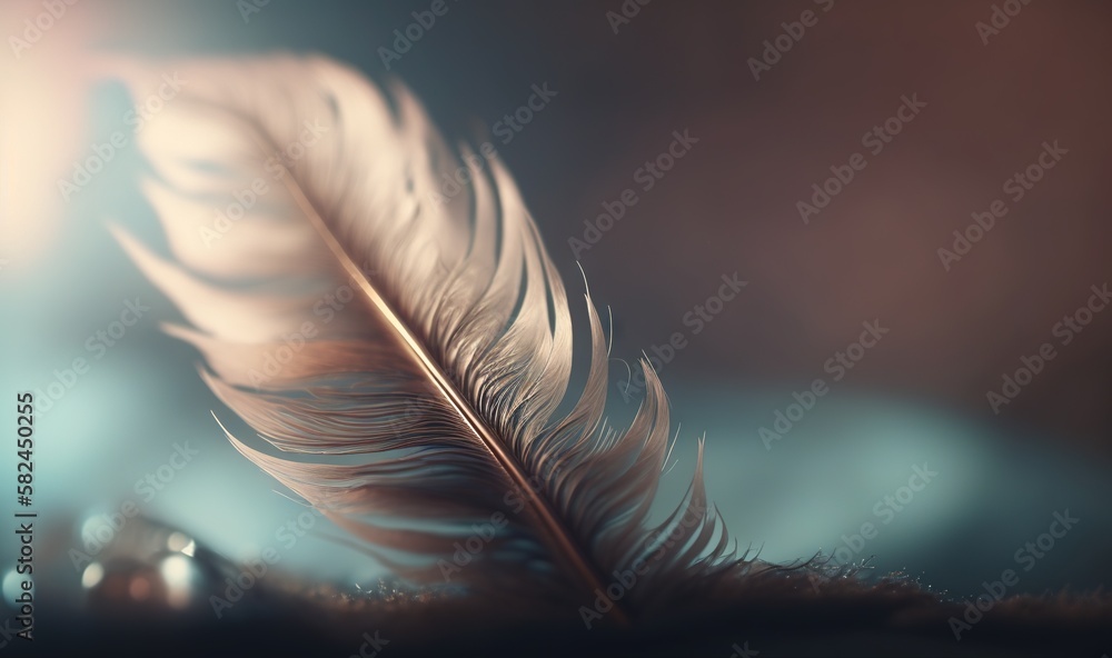 Poster a close up of a white feather on a dark background with a blurry light in the back ground and a blur