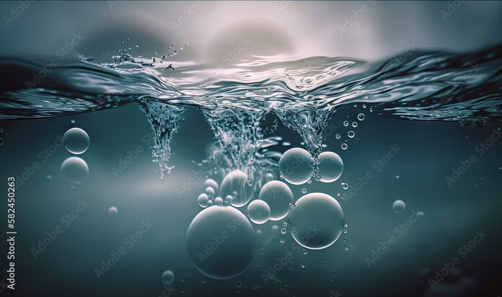 Poster water bubbles floating in the ocean, creating a mesmerizing effect the bubbles are of various sizes 