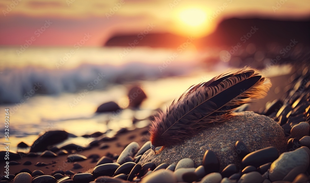 Poster a feather resting on a rock on the beach at sunset with the sun in the background and a wave coming 