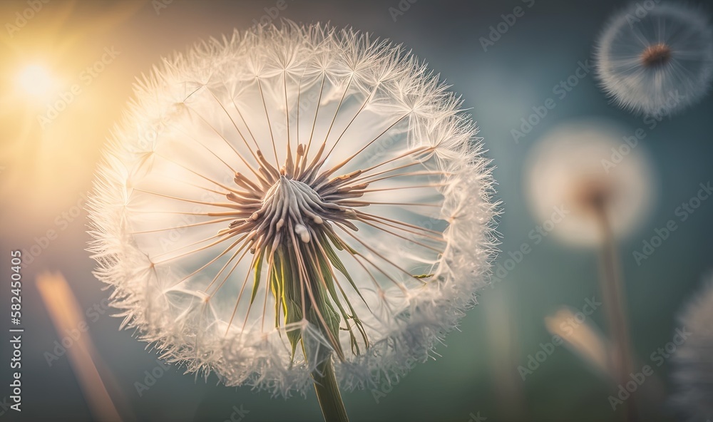 Aufkleber  a close up of a dandelion with the sun in the background and a blurry photo of the dandelion in the foreground.  generative ai