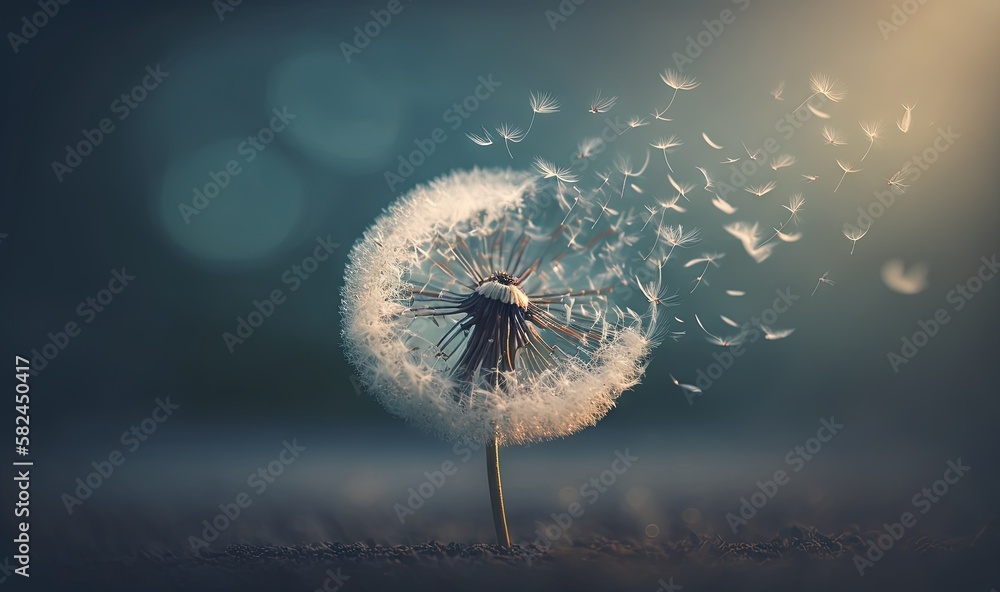 Poster a dandelion blowing in the wind on a dark background with a blurry image of the dandelion in the for