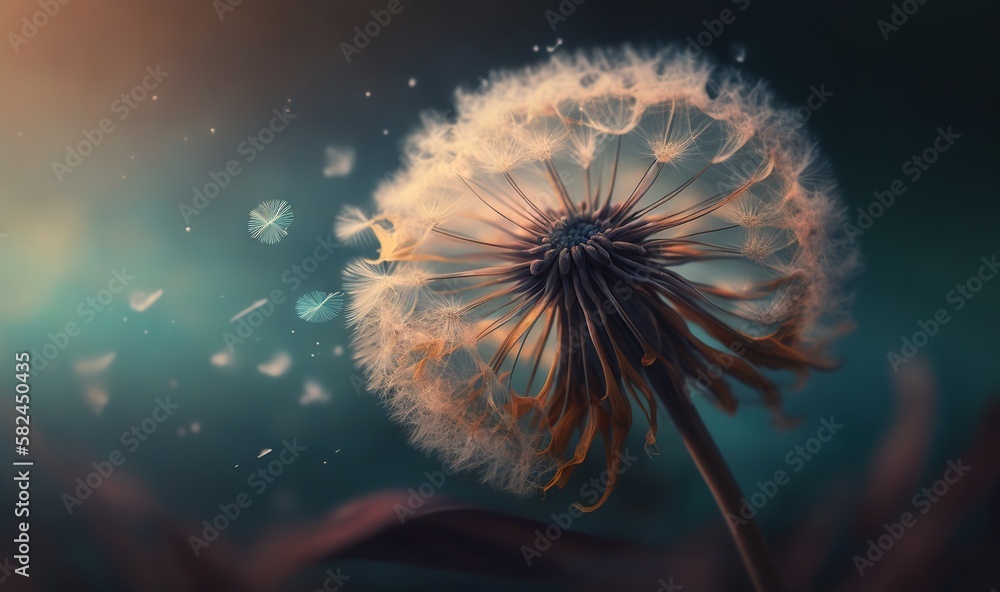 Poster  a dandelion blowing in the wind with a butterfly flying by onlookers in the background and a blurry image of the dandelion.  generative ai