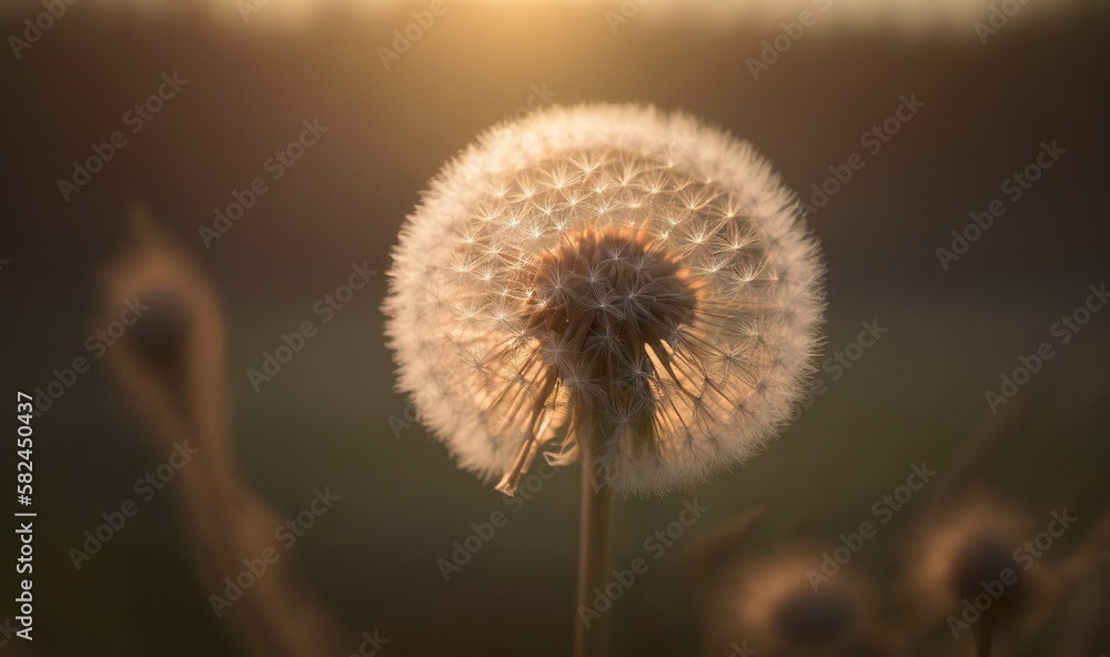 Aufkleber  a close up of a dandelion with the sun shining through the leaves and the seeds on the dandelion are blowing in the wind.  generative ai