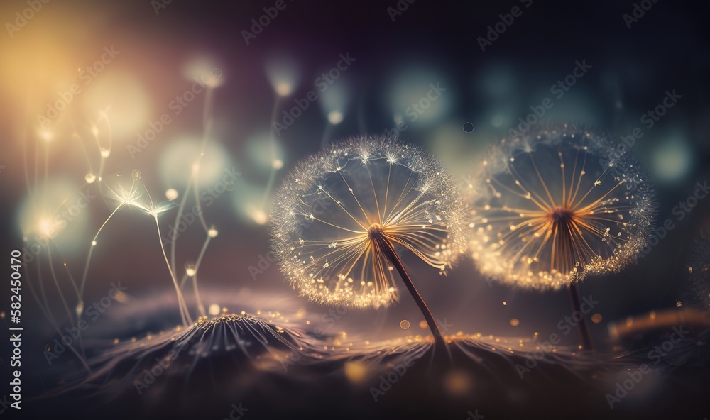 Poster two dandelions blowing in the wind with a mountain in the background and a blurry sky in the foregro