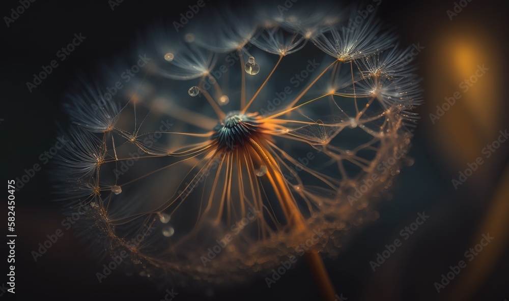 Aufkleber a close up of a dandelion with drops of water on it's petals and a black background with a blurry im