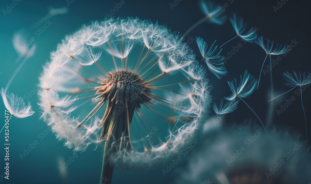 Poster a close up of a dandelion on a blue background with a blurry image of the dandelion in the foregroun
