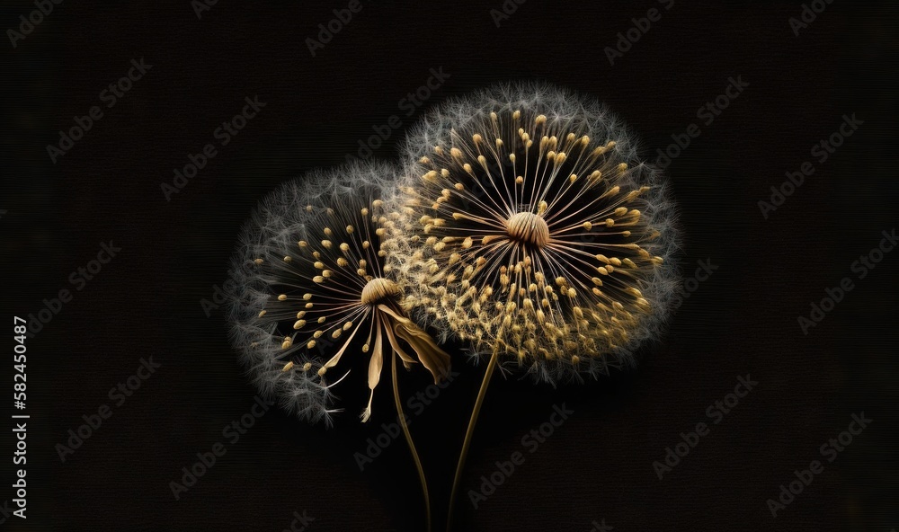 Aufkleber  two dandelions with yellow tips on a black background with a black background and a black background with a white dandelion in the center.  generative ai