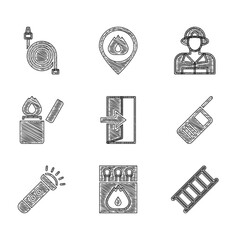 Set Fire exit, Matchbox and matches, escape, Walkie talkie, Flashlight, Lighter, Firefighter and hose reel icon. Vector