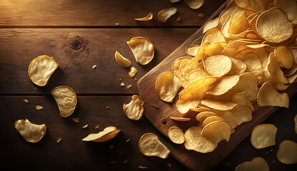 Obraz na płótnie Canvas Crispy potato chips on a wooden table, thinly cut