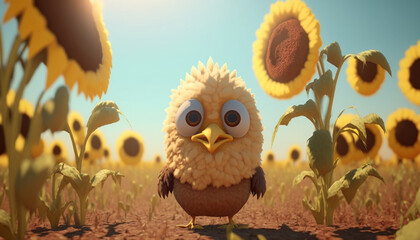 Chicken-Sunflower hybrid standing in the middle of a sunflower field