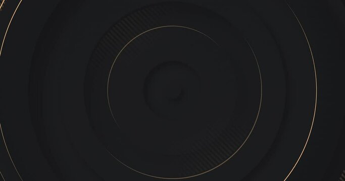 4k dark abstract luxury background with circles radio waves. Diagonal golden lines on black grey gradient. 3d round rings minimal BG. Premium minimal animated banner. Modern seamless looped animation