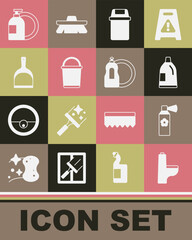 Set Toilet bowl, Air freshener spray bottle, Bottle for cleaning agent, Trash can, Bucket, Dustpan, Dishwashing liquid and icon. Vector