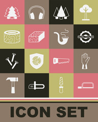 Set Hacksaw, Protective gloves, Electric circular, Christmas tree, Wooden beam, Tree stump, and Smoking pipe icon. Vector