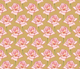 BEIGE SEAMLESS BACKGROUND WITH BLOOMING DIGITAL WATERCOLOR PINK ROSES