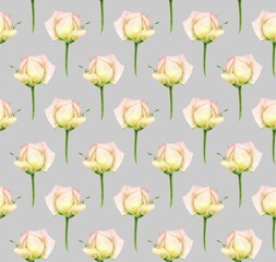 GREY SEAMLESS BACKGROUND WITH BLOOMING DIGITAL WATERCOLOR ROSES