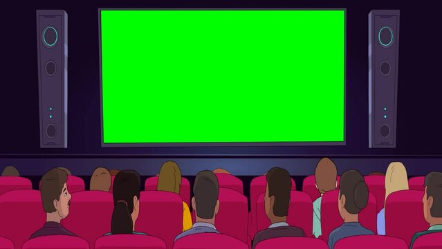 looping animation of people watching a movie. The screen in the cinema is green.