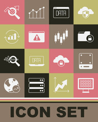 Set Binary code, Server, Folder and lock, Data analysis, Browser with exclamation mark, Pie chart infographic, Search data and stocks market icon. Vector
