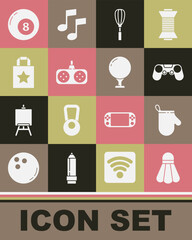 Set Badminton shuttlecock, Oven glove, Gamepad, Kitchen whisk, Paper shopping bag, Billiard pool snooker ball and Golf tee icon. Vector
