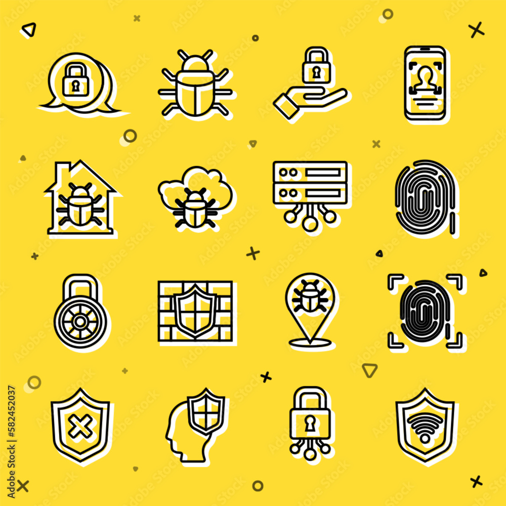 Poster set line shield with wifi wireless, fingerprint, lock hand, system bug on cloud, house system, cyber