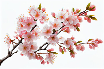 Pink spring cherry blossom. Cherry tree branch with spring pink flowers isolated on white background. Generative ai