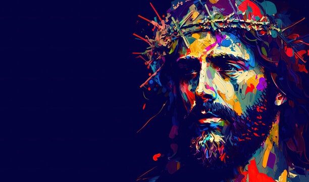 Colorful Abstract portrait Jesus Impasto painting art. Banner Christ in a crown of thorns pop art poster easter holiday and good friday copy space. Generative ai