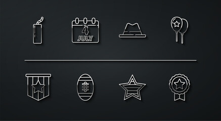 Set line Dynamite bomb, American flag, Balloons, USA Independence day, Football ball, Calendar with date July 4, Medal star and Man hat ribbon icon. Vector