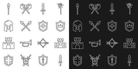 Set line Medieval sword, Castle, fortress, Shield with crown, Crossed medieval spears, iron helmet, and icon. Vector