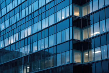 Fototapeta na wymiar Blue Toned Office Building Windows with Artificial Lamplight. Generative Ai