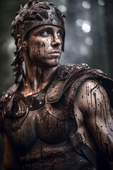 Fototapeta na wymiar Portrait of an ancient male warrior with roman armor stained with mud and blood. Fantasy wallpaper, cover design and poster created with Generative AI