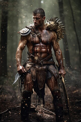 Fototapeta na wymiar Portrait of an ancient barbarian warrior with muscles stained with mud and blood. Fantasy wallpaper, cover design and poster created with Generative AI