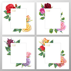 Set of vector card or wedding invitation with red and multicolored acrylic or oil flowers on white background.