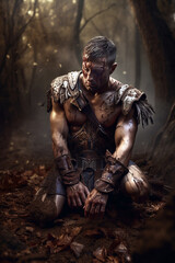 Fototapeta na wymiar Portrait of an ancient barbarian warrior with small armor stained with mud and blood. Fantasy wallpaper, cover design and poster created with Generative AI