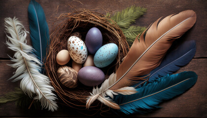 Colorful Easter eggs on nest with and feathers on wooden background. Flat lay. Greeting card or banner. Ai generated
